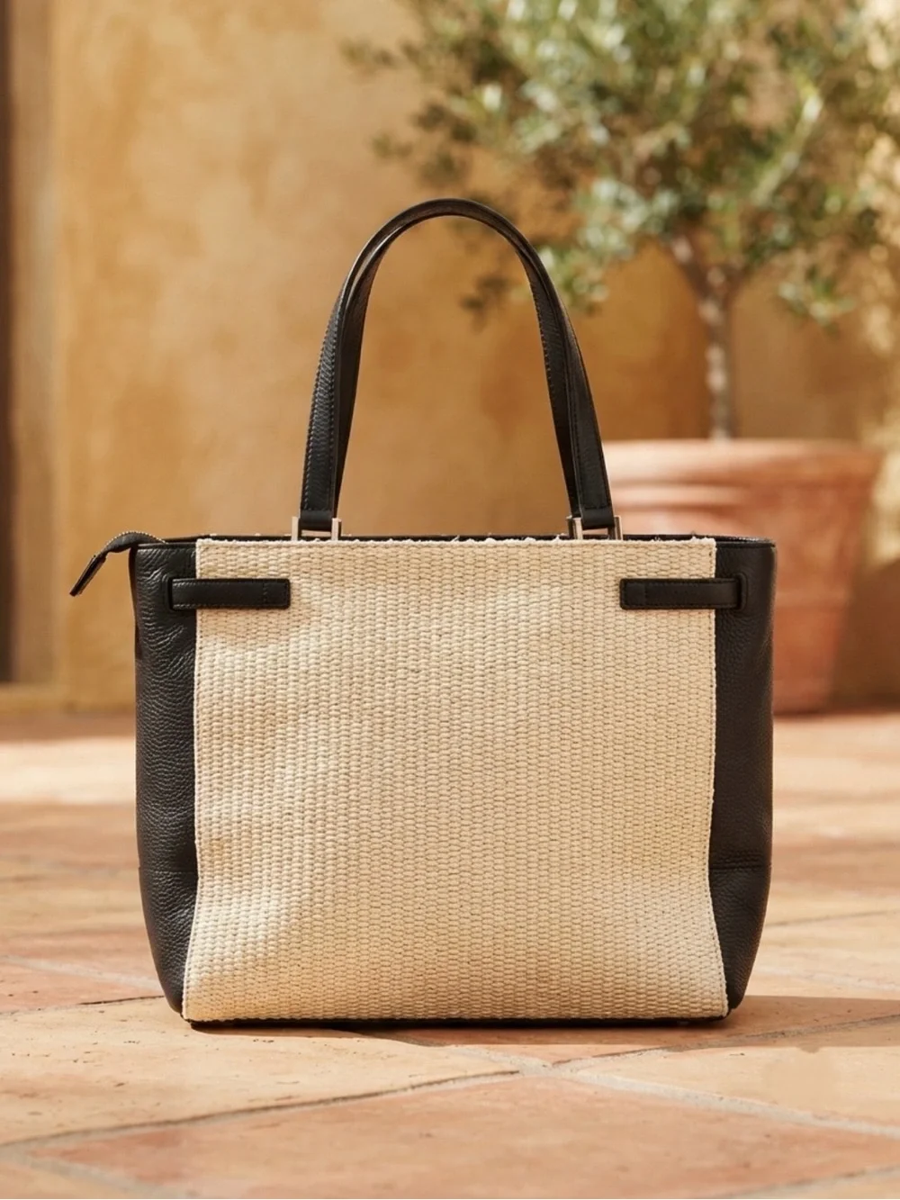 Kate Spade Leo Houston Street Two Tone Leather/Woven Straw Shoulder/Tote Bag EUC